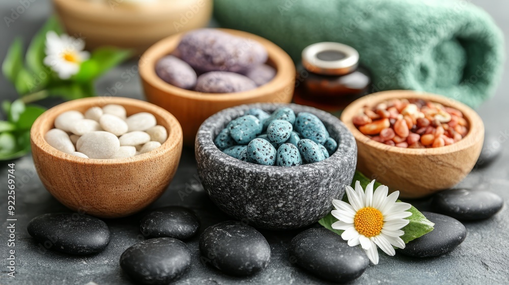 spa and wellness concept, bowl with stones, daisies, and hand towels, advertising image spa and wellness concept, bowl with stones, daisies, and hand towels, advertising image