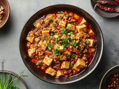 Mapo Tofu. The most popular Chinese dishes. A Sichuan dish consisting of tofu set in a spicy, oily, and numbing sauce, typically containing minced meat, usually pork or beef. photo