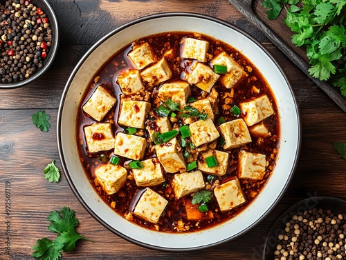 Mapo Tofu. The most popular Chinese dishes. A Sichuan dish consisting of tofu set in a spicy, oily, and numbing sauce, typically containing minced meat, usually pork or beef. photo