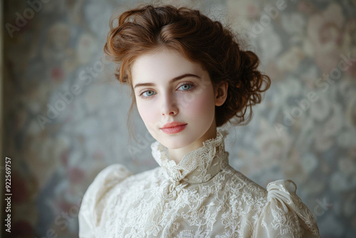 A Victorian-era woman with an enigmatic smile, wearing a high-collared dress.