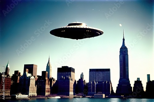 UFO flies over New York. Retro photo