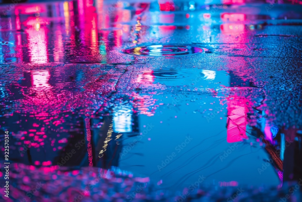 Obraz premium Puddle of rain water after rainfall in concrete city jungle with rain soaked street reflecting the colorful neon lights