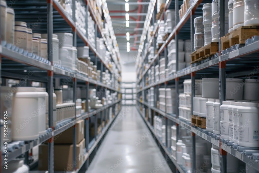 Pharmaceutical warehouse with organized shelves and neatly arranged medication Pharmaceutical warehouse with organized shelves and neatly arranged medication