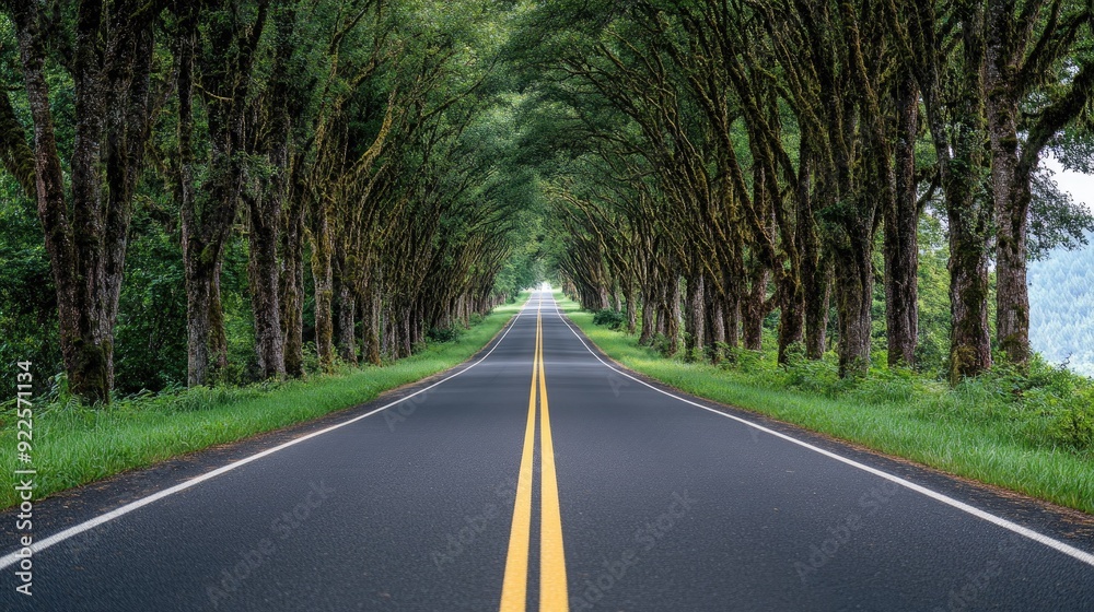 Fototapeta premium A scenic road lined with trees on both sides, with a yellow line guiding the way down the middle, creating a peaceful drive.