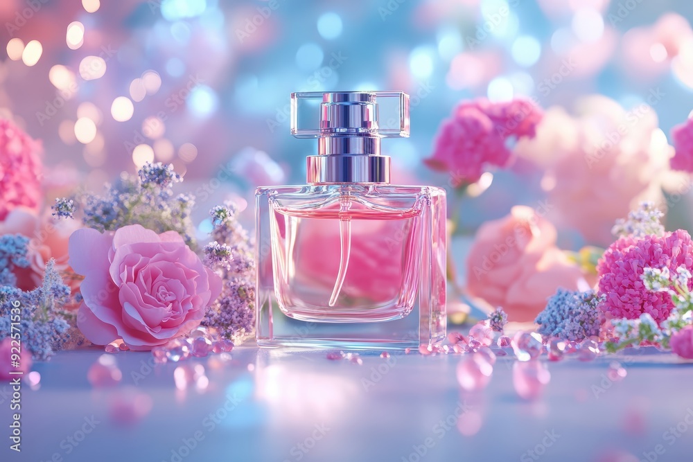 Elegant perfume bottle surrounded by vibrant flowers and soft bokeh lights, perfect for beauty and fragrance promotions. Elegant perfume bottle surrounded by vibrant flowers and soft bokeh lights, perfect for beauty and fragrance promotions.