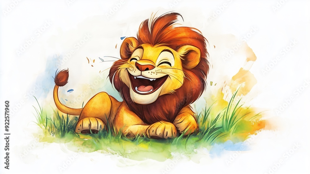 painting of a cartoon lion cub with a big, wide grin, frolicking through a field of colorful flowers. The watercolor features bright yellows and greens, isolated on a clean, light background painting of a cartoon lion cub with a big, wide grin, frolicking through a field of colorful flowers. The watercolor features bright yellows and greens, isolated on a clean, light background
