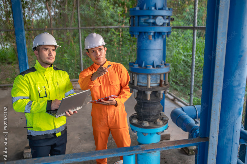 Engineer and technician maintenance checking technical data of system equipment Condenser Water pump and pressure gauge,environmentalist working at water supply Engineer and technician maintenance checking technical data of system equipment Condenser Water pump and pressure gauge,environmentalist working at water supply