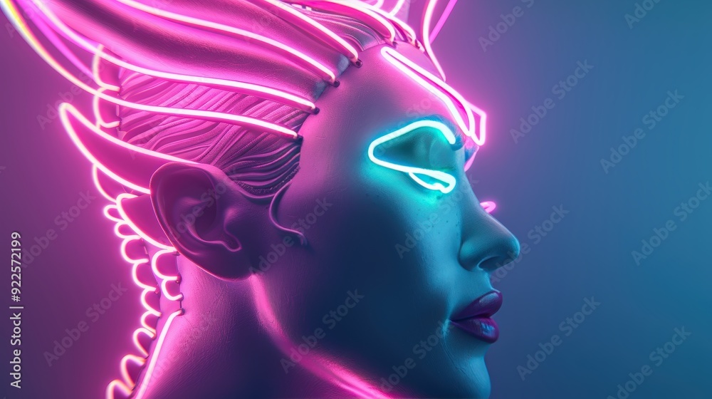 Obraz premium A mesmerizing neon portrait of a mythical beast, its form and features outlined in radiant neon lights, creating a surreal and imaginative depiction.