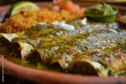 Enchiladas verdes with a side of rice and beans photo