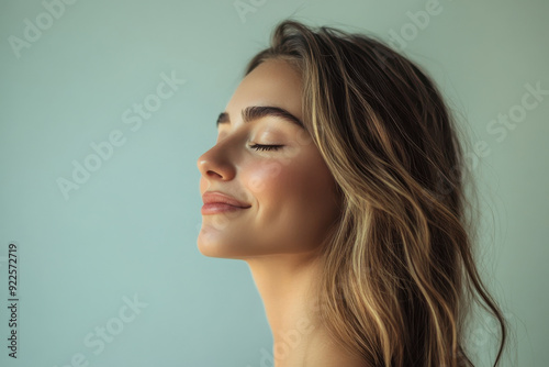 A close up of a woman's face with her eyes closed