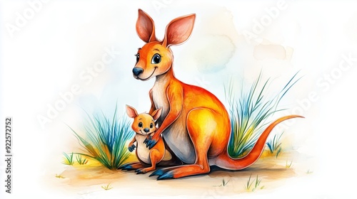 painting of a cartoon kangaroo with a broad smile, happily bouncing with a small joey in its pouch. The watercolor scene features bright, playful colors isolated on a clean background photo