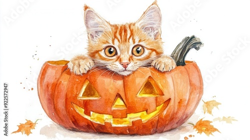 Orange tabby cat peeking out of a carved pumpkin with a mischievous grin, Halloween Cat, Playful theme
