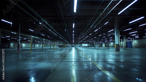 Empty Industrial Warehouse with Fluorescent Lights