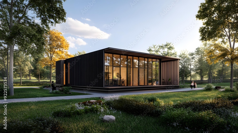 Modern Glass House in a Forest Setting with Two People Modern Glass House in a Forest Setting with Two People