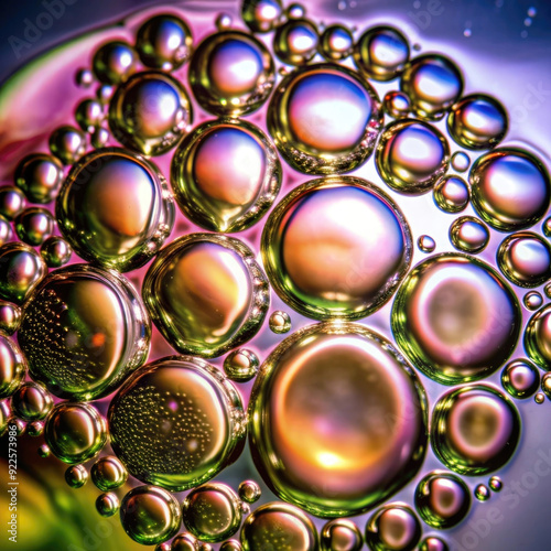 Colorful, iridescent soap bubbles floating and clustering together against a soft, light background. Macro shot capturing delicate reflections and abstract patterns.