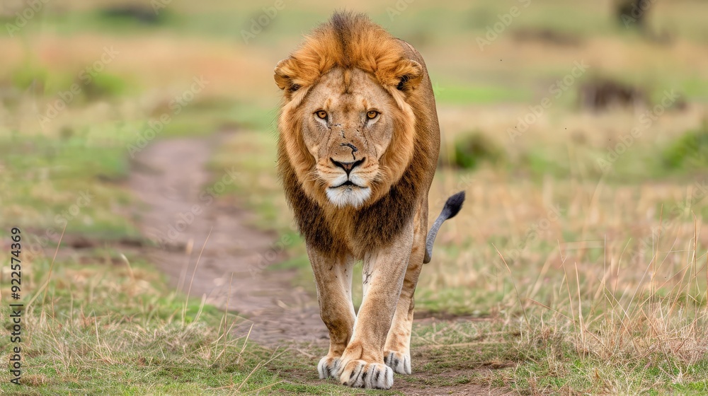 Majestic Lion Walking on a Path in the African Savanna Majestic Lion Walking on a Path in the African Savanna