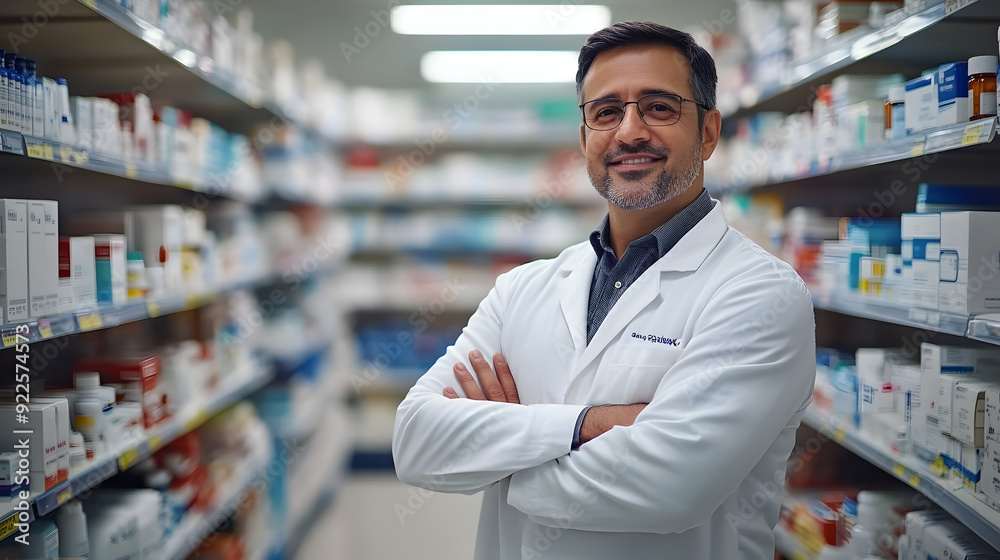 A man in a white lab coat stands in a pharmacy with his arms crossed. He is smiling and he is proud of his work. The pharmacy is filled with various medications and bottles, creating a busy A man in a white lab coat stands in a pharmacy with his arms crossed. He is smiling and he is proud of his work. The pharmacy is filled with various medications and bottles, creating a busy
