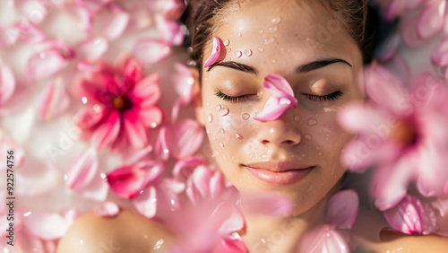 Beautiful woman surrounded by pink flower petals during spa treatment. Close-up portrait showcasing natural skincare and wellness. Concept of beauty, relaxation, and rejuvenation through aromatherapy