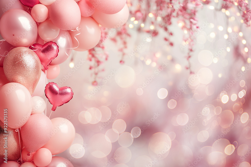 Pink balloons and heart decor with festive lighting and bokeh for celebration background Pink balloons and heart decor with festive lighting and bokeh for celebration background