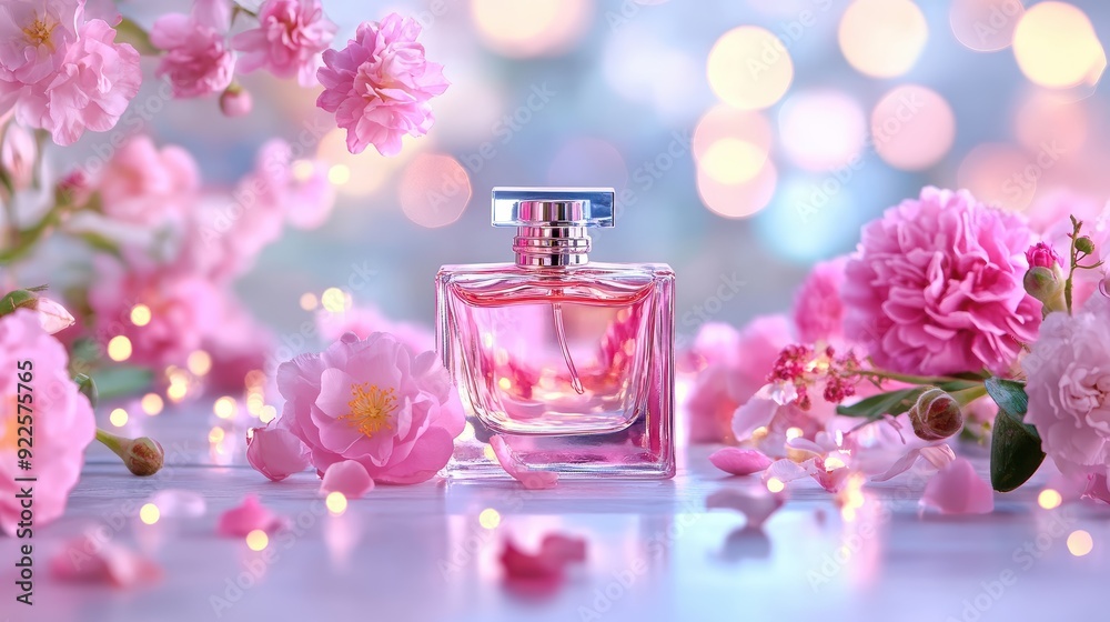 A beautiful pink perfume bottle surrounded by delicate flowers, creating a serene and enchanting atmosphere. A beautiful pink perfume bottle surrounded by delicate flowers, creating a serene and enchanting atmosphere.