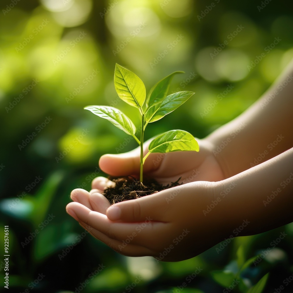 A childs hands gently holding a small plant, with sunlight filtering through a lush green background A childs hands gently holding a small plant, with sunlight filtering through a lush green background