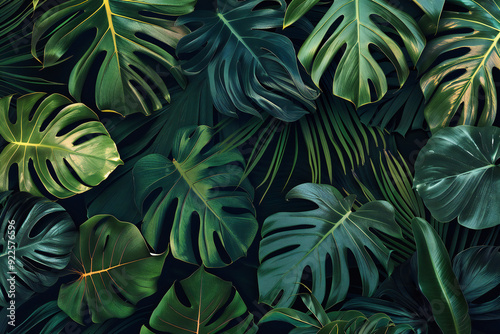 Wallpaper Mural Green Tropical Leaves on Black Background - Lush and Exotic Jungle Foliage with a Dark and Vibrant Botanical Design Torontodigital.ca