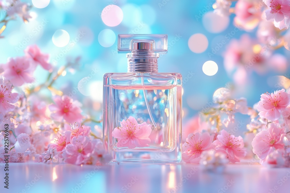 A delicate perfume bottle surrounded by blooming flowers and soft pastel colors, evoking a sense of elegance and romance.
