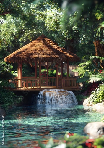 Tropical Jungle Scene with Waterfall and Thatched Hut