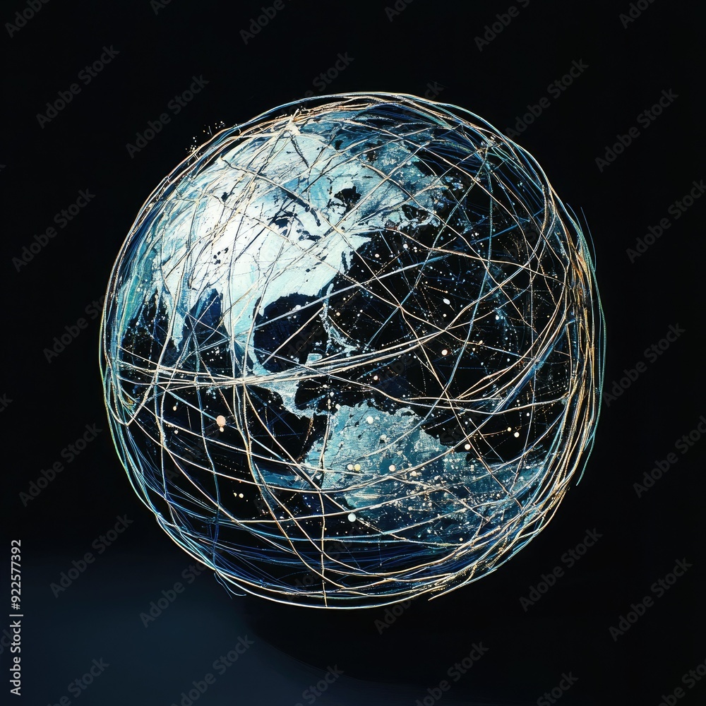 A conceptual art piece featuring a globe with interwoven lines and nodes, depicting the interconnected world A conceptual art piece featuring a globe with interwoven lines and nodes, depicting the interconnected world