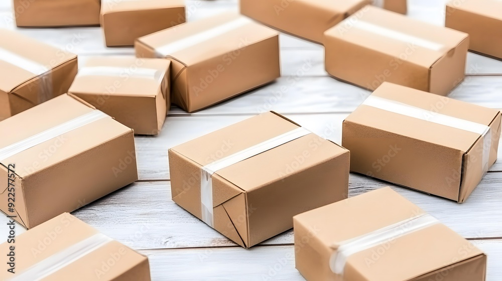 Close Up Of Cardboard Boxes On White Wooden Surface Close Up Of Cardboard Boxes On White Wooden Surface