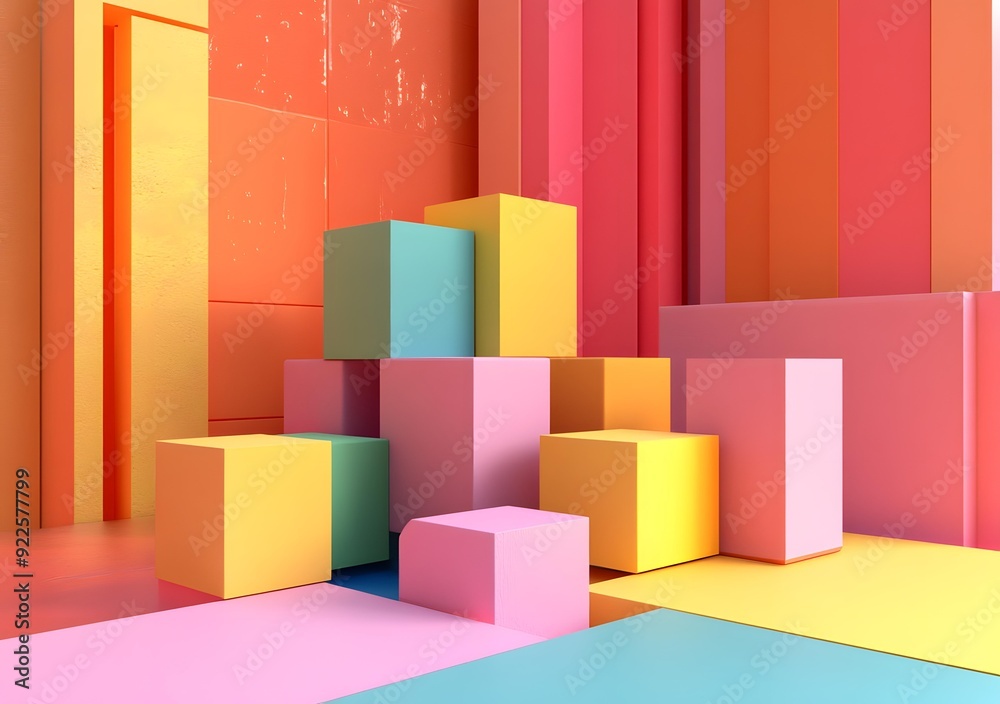 Abstract Colorful 3D Geometric Shapes Rendered With Smooth Textures