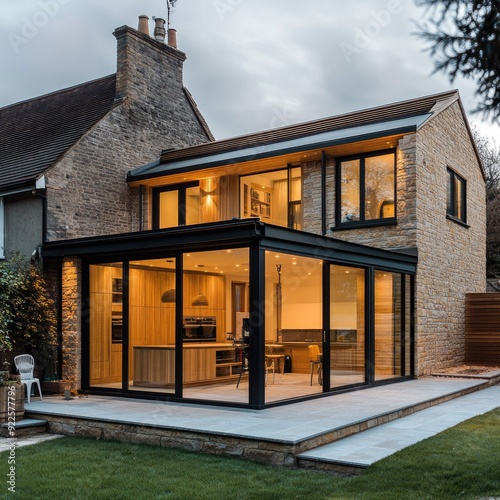 A contemporary home extension being renovated, with open spaces and a blend of wood and glass materials