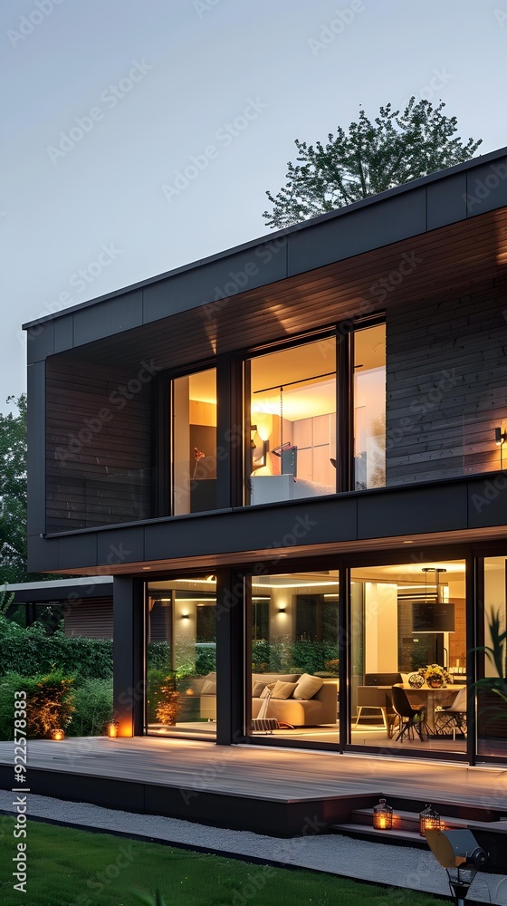 Fototapeta premium Modern Black House with Large Windows and Deck