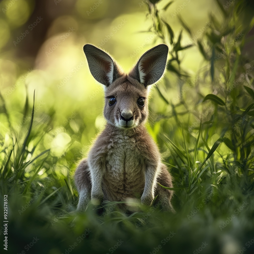 Fototapeta premium A cute baby kangaroo sitting in lush green grass, with its tiny ears perked up and an innocent expression
