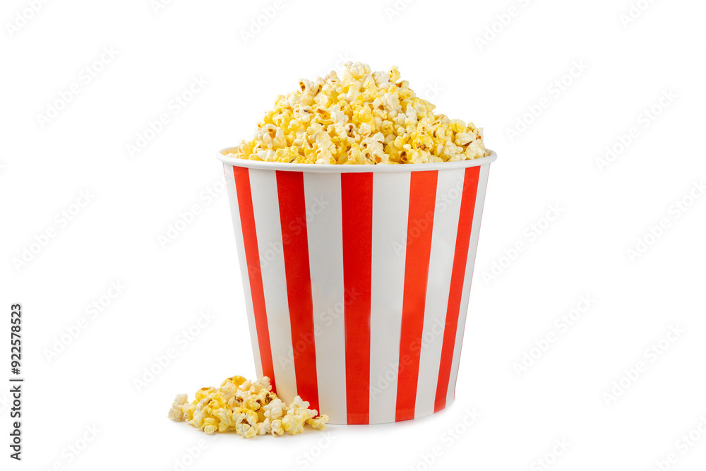 Popcorn box. Red and white striped buckets of salted popcorn isolated on white background. Cinema and entertainment concept. Movie night with popcorn. Delicious appetizer, snack. Popcorn box. Red and white striped buckets of salted popcorn isolated on white background. Cinema and entertainment concept. Movie night with popcorn. Delicious appetizer, snack.