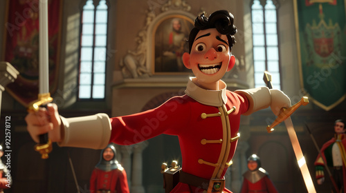 A prince training in swordsmanship with the royal guard. Animated character, C4D model rendering, 3D rendering - Generative AI
