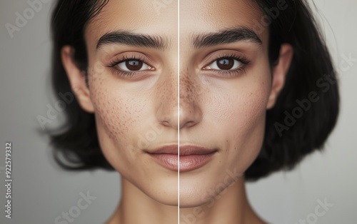 Female face before and after, from acne-prone to clear skin. Effect of skincare pimple treatment: benzoyl peroxide, salicylic acid, retinol, laser therapy. photo