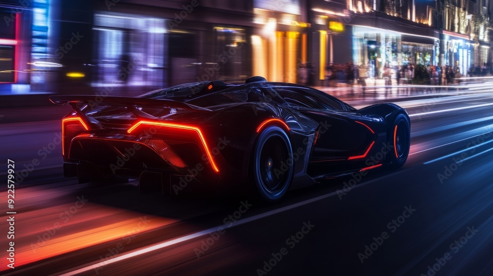 Urban Nightscape - A Dynamic Backview Shot of a Luxurious Supercar Gliding Through the City at Night. Urban Nightscape - A Dynamic Backview Shot of a Luxurious Supercar Gliding Through the City at Night.
