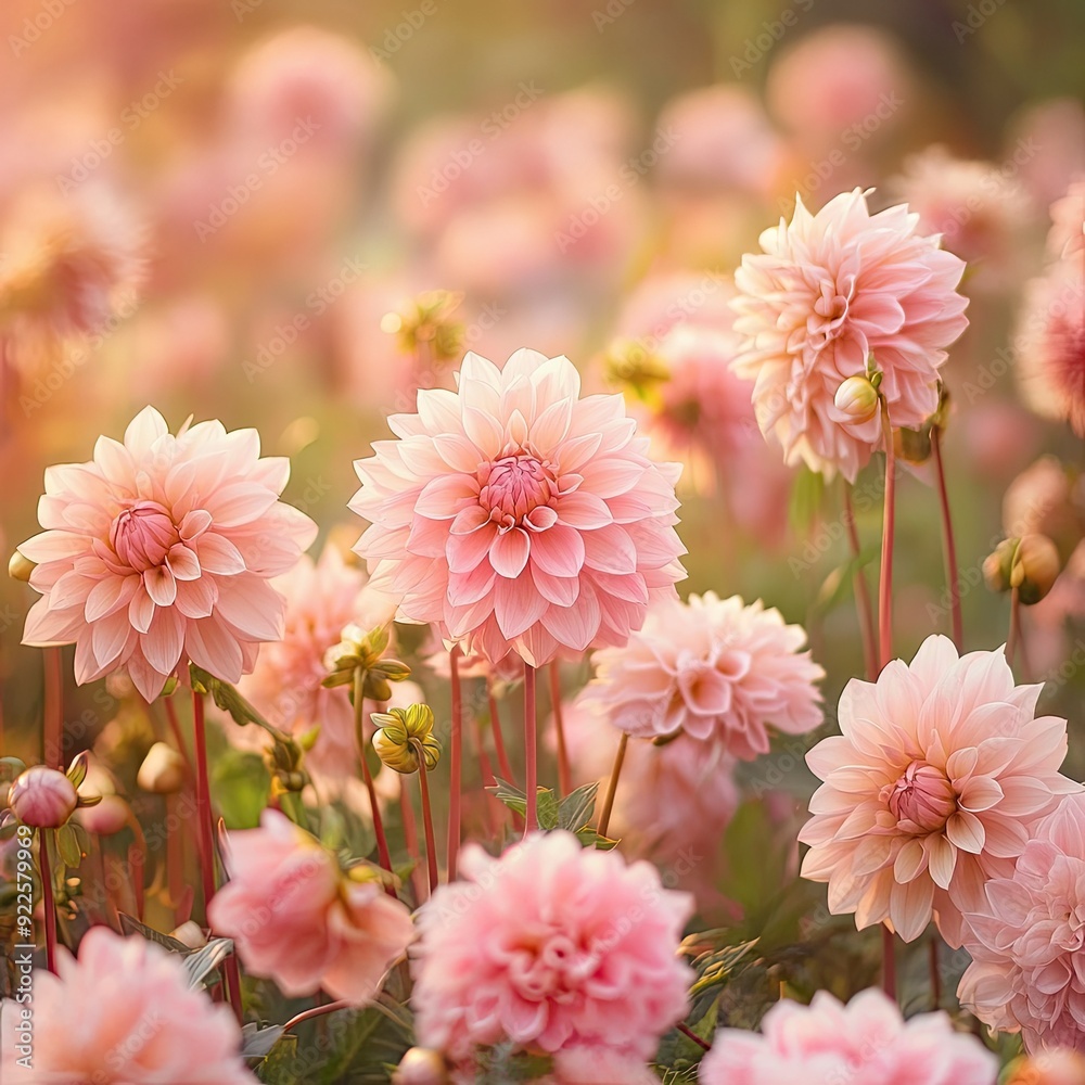 Fototapeta premium A field of pink dahlias, with their soft, pastel hues creating a calming and beautiful floral scene