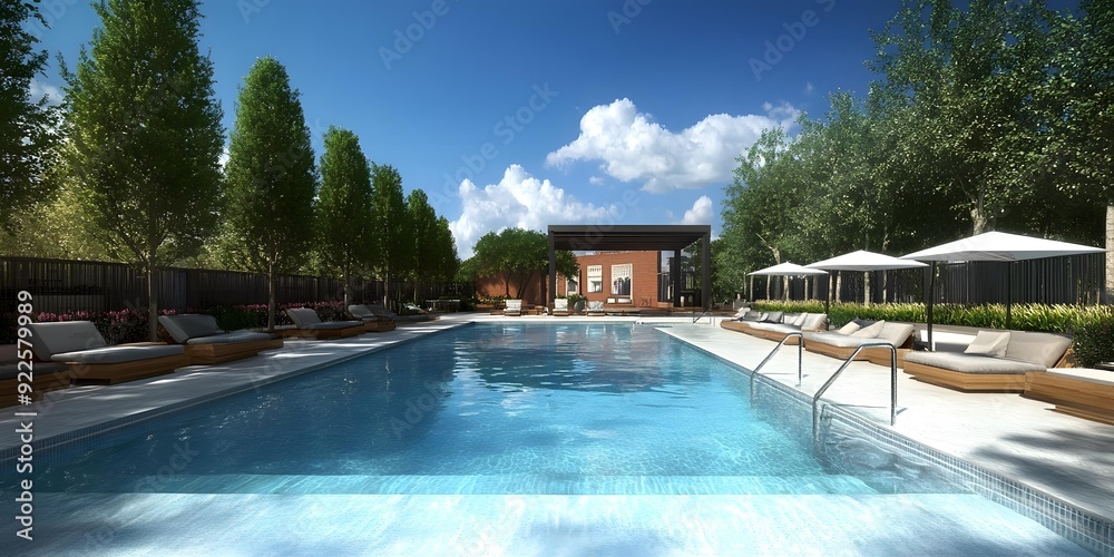 Outdoor Swimming Pool with Loungers and Trees Outdoor Swimming Pool with Loungers and Trees