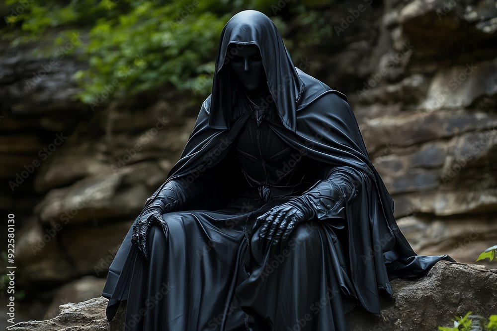 Mysterious dark robed figure sitting in a forest setting, evoking a sense of enigma and fantasy adventure. Mysterious dark robed figure sitting in a forest setting, evoking a sense of enigma and fantasy adventure.