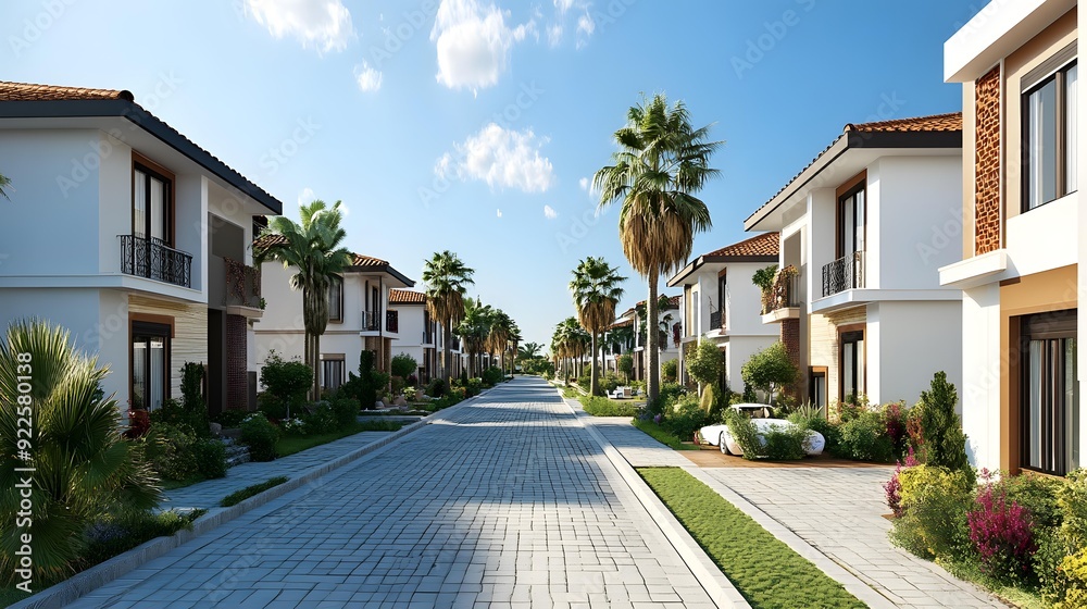Fototapeta premium Beautiful Residential Area with Palm Trees and a Cobblestone Street