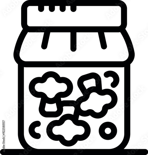 Glass jar containing chopped mushrooms is being preserved for winter, line icon concept