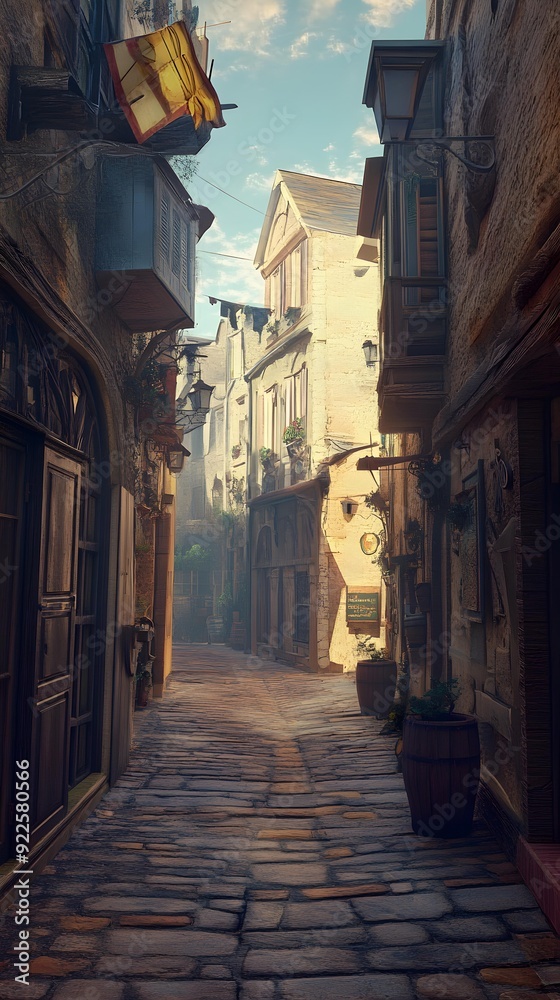 Cobblestone Alleyway in Old Town with Sun Shining Through Cobblestone Alleyway in Old Town with Sun Shining Through