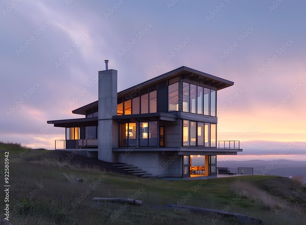 Fototapeta premium Modern House with Large Windows in a Hilltop Setting at Sunset