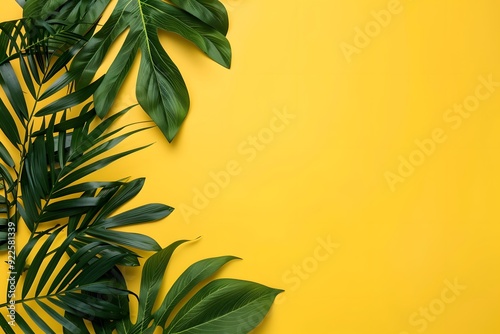 Green Tropical Leaves on Yellow Background