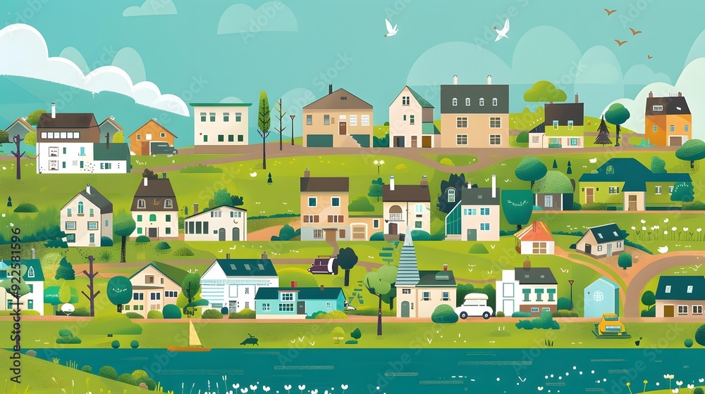 Cartoon Illustration of a Small Town with Houses, Trees, and a River Cartoon Illustration of a Small Town with Houses, Trees, and a River