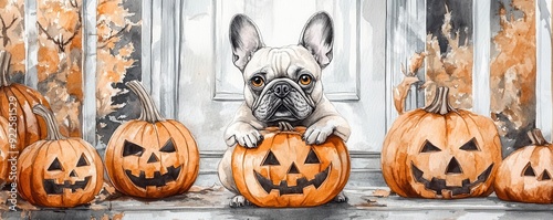 French Bulldog as a pumpkinheaded creature, sitting on a porch surrounded by eerie jackolanterns photo