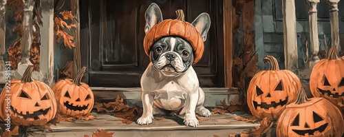 French Bulldog as a pumpkinheaded creature, sitting on a porch surrounded by eerie jackolanterns photo