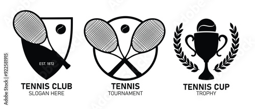 Tennis emblem collection - Set of logotype tournament cup trophy  - vector badges - racket and ball